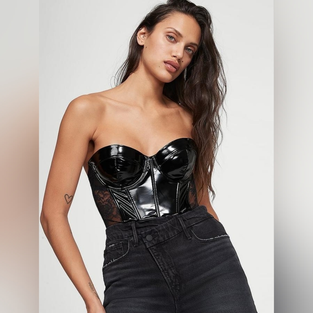 NWT Very Sexy Faux Patent Leather Lace Balconette Teddy Corset Bodysuit Gold